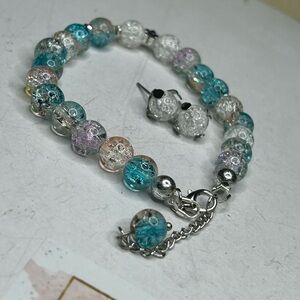Blue & Clear Crackle Glass Bracelet + Earrings